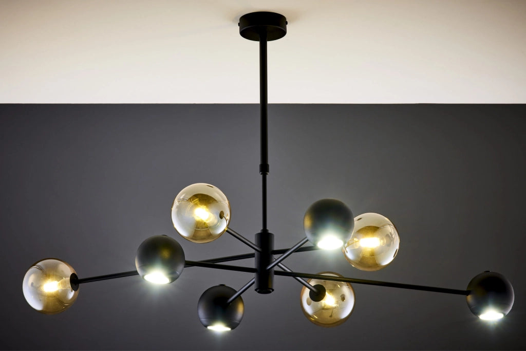 Lampadario moderno nero sfere vetro ambra 8 luci Jupiter