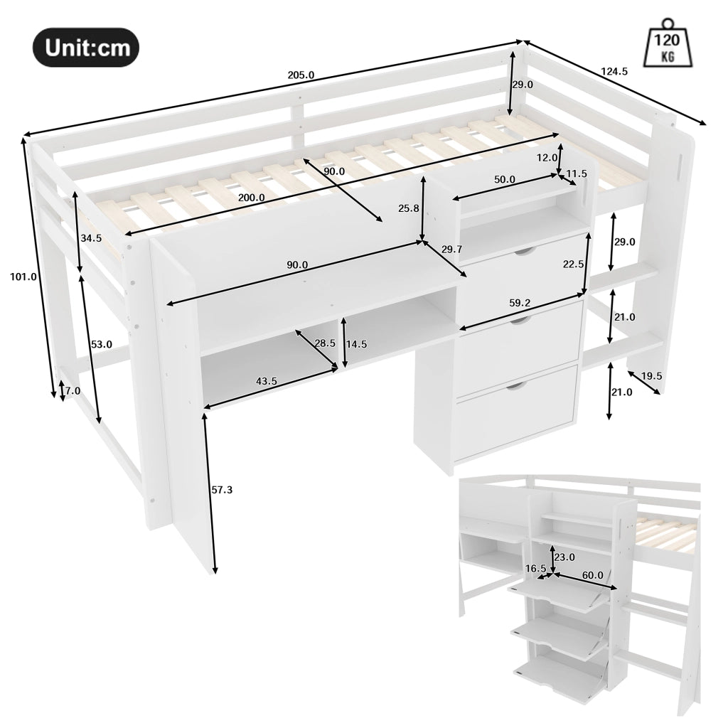 OKWISH Letto a Soppalco 90×200 cm, Letto Singolo con Contenitori, 3 Scomparti Chiusi e Mensole, senza Materasso, in Pino, Bianco