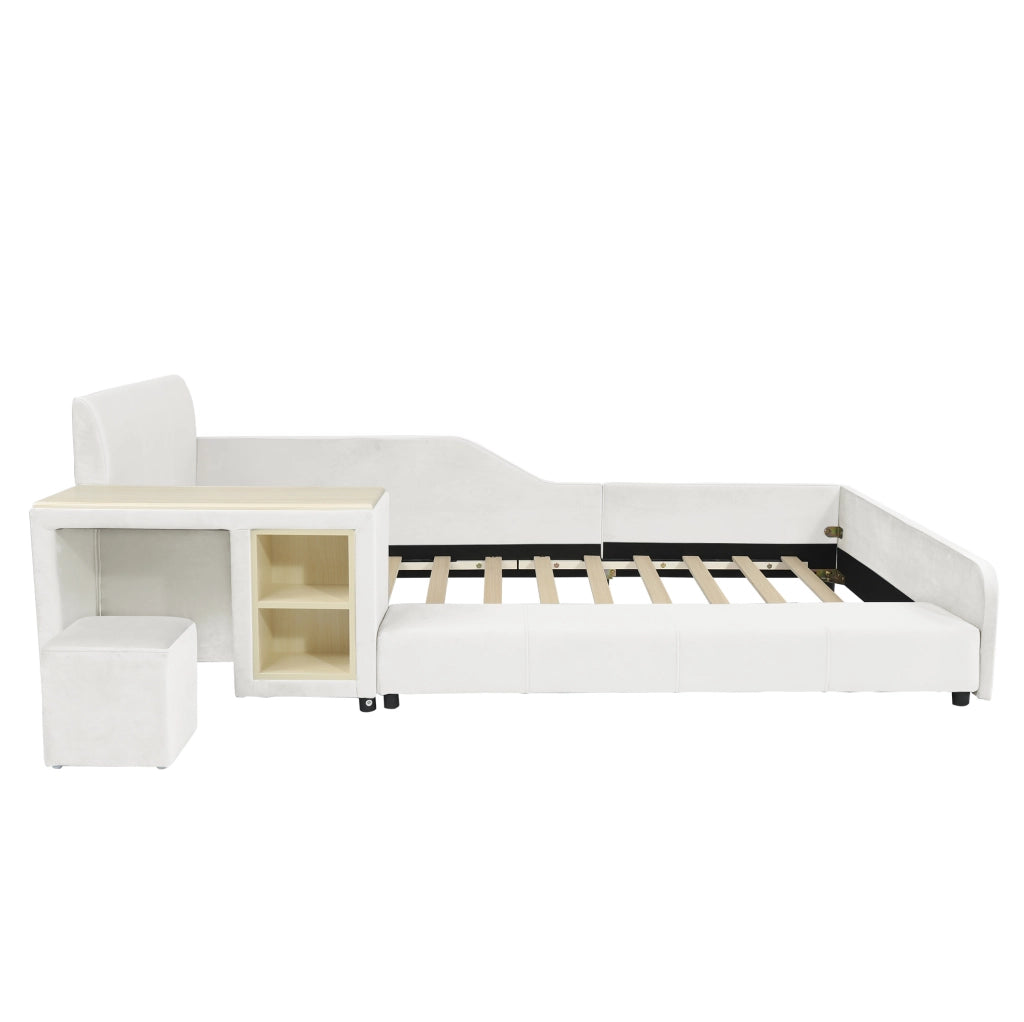 Letto imbottito 90x200 cm con scrivania; sgabello e ripiano in velluto bianco