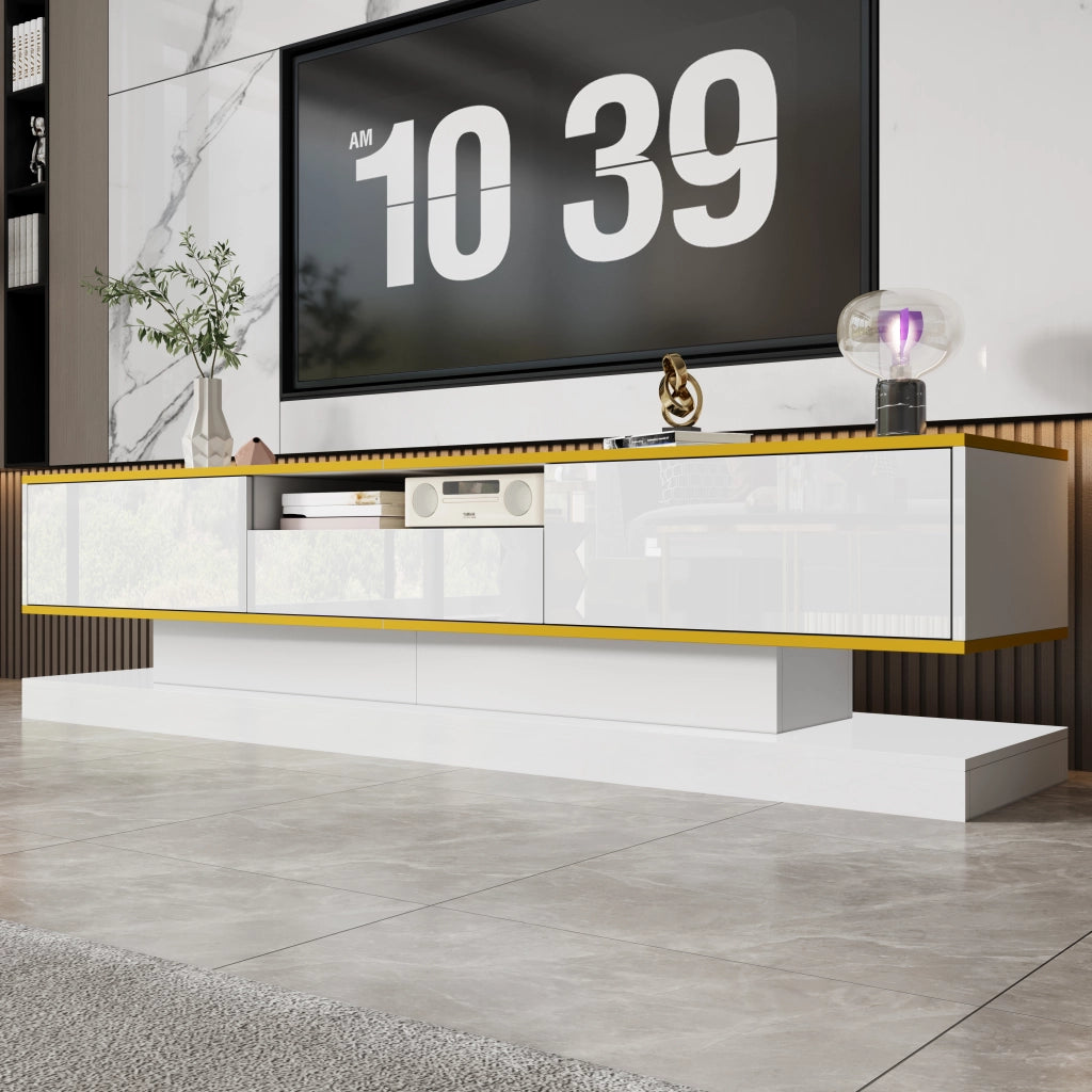 OKWISH Mobile TV con 3 Cassetti e 1 Vano Aperto, LED Multicolore, Finitura Lucida, per Soggiorno, 180 x 38 x 45 cm