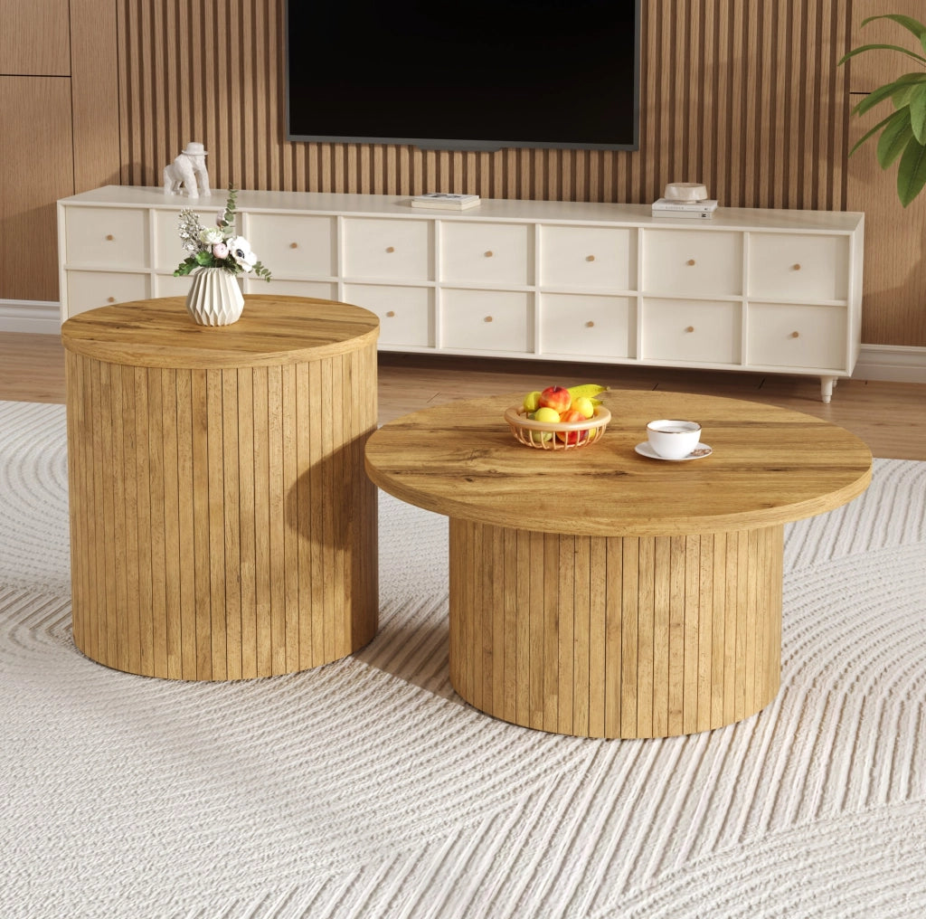 Set tavolini da salotto rotondi in MDF effetto legno naturale; 75x75x36 cm e 50x50x50;5 cm