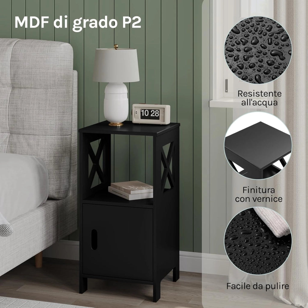 Comodino per Camera da Letto Stretto, Set di 2, Tavolino da Salotto, Nero, Piccolo, con 1 Vano Aperto e 1 Vano Nascosto, per Cameretta e Soggiorno, MDF, 30x30x60cm