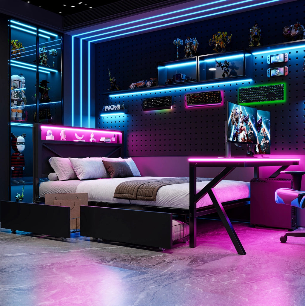 Letto piattaforma da gaming nero 140x200 cm in metallo con testata LED, scrivania LED e due cassetti