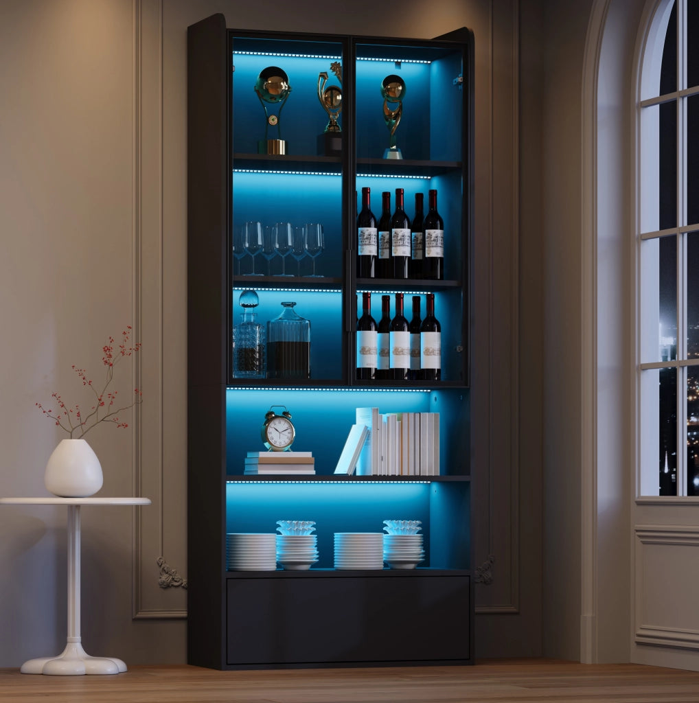 Vetrina alta con LED e 1 cassetto 80 x 34 x 180 cm; nero in MDF e vetro