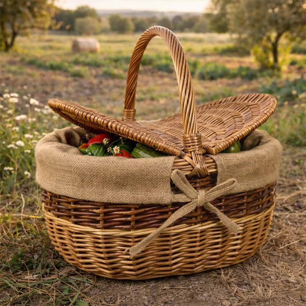 Cesto Ovale Clara picnic in Vimini e Juta con doppio coperchio cm 43 x 33 x h 43