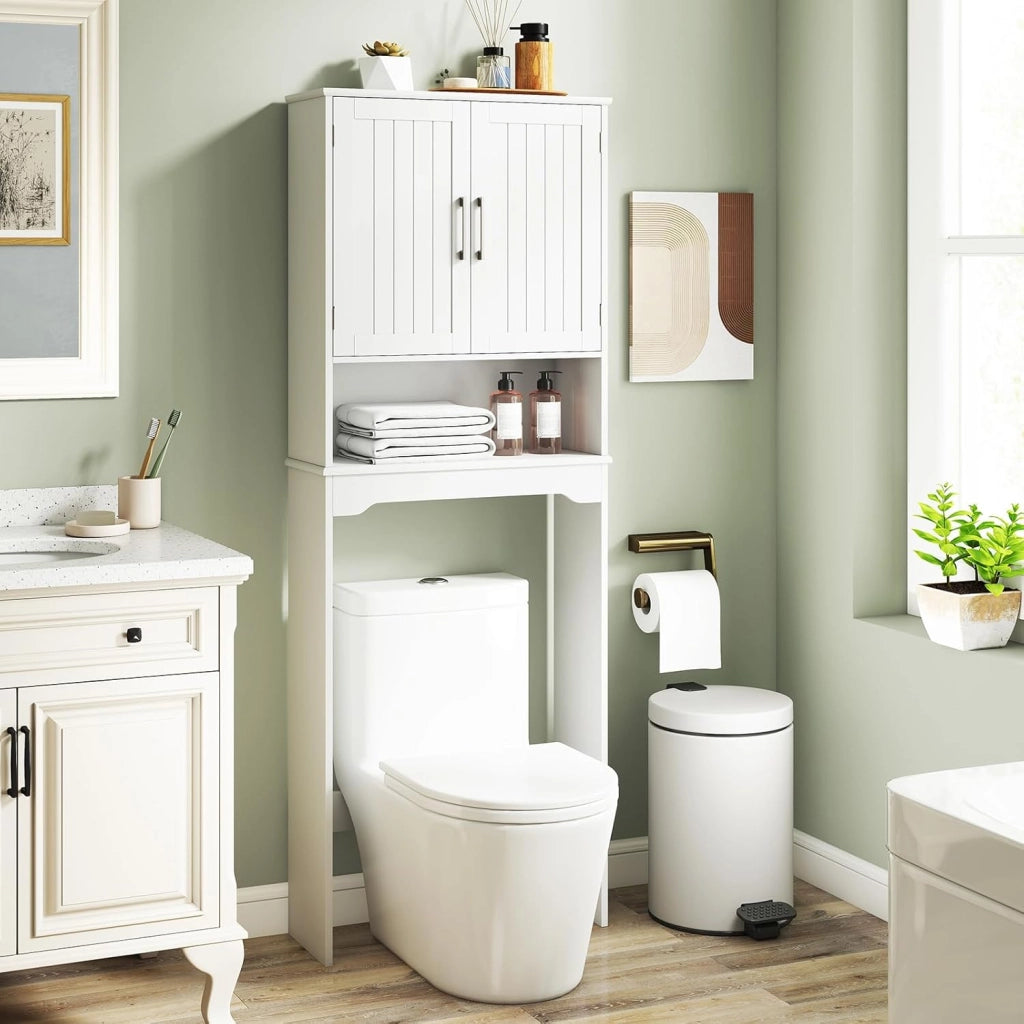 Mobile da Bagno Sopra WC 169 cm, Scaffale Salvaspazio con Doppie Ante e Ripiano Regolabile, Mobiletto Moderno in Legno per Bagni Piccoli e Lavenderia, 62 x 23 x 169 cm
