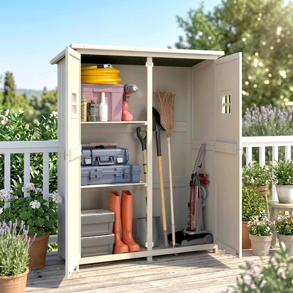 Casetta da Giardino Legno con Porta Doppia. Mensole e Finestre. 127.5x50x164cm