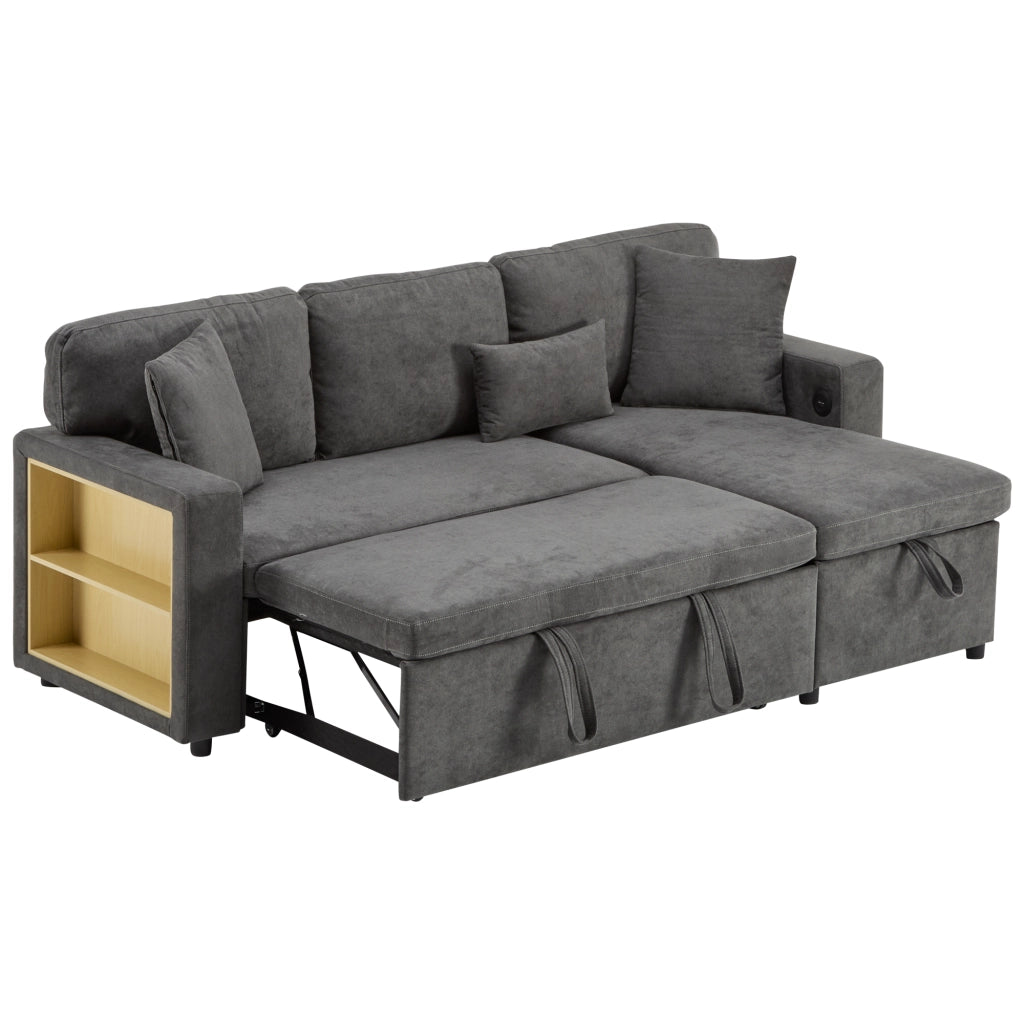 Divano letto angolare 3 posti con contenitore; USB e 3 cuscini; 214 x 131 x 87 cm; grigio scuro
