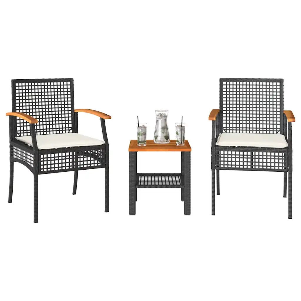 Set da Bistr¨° 3 pz | Set Salotto da Giardino con Cuscini Nero Polyrattan e Legno Acacia