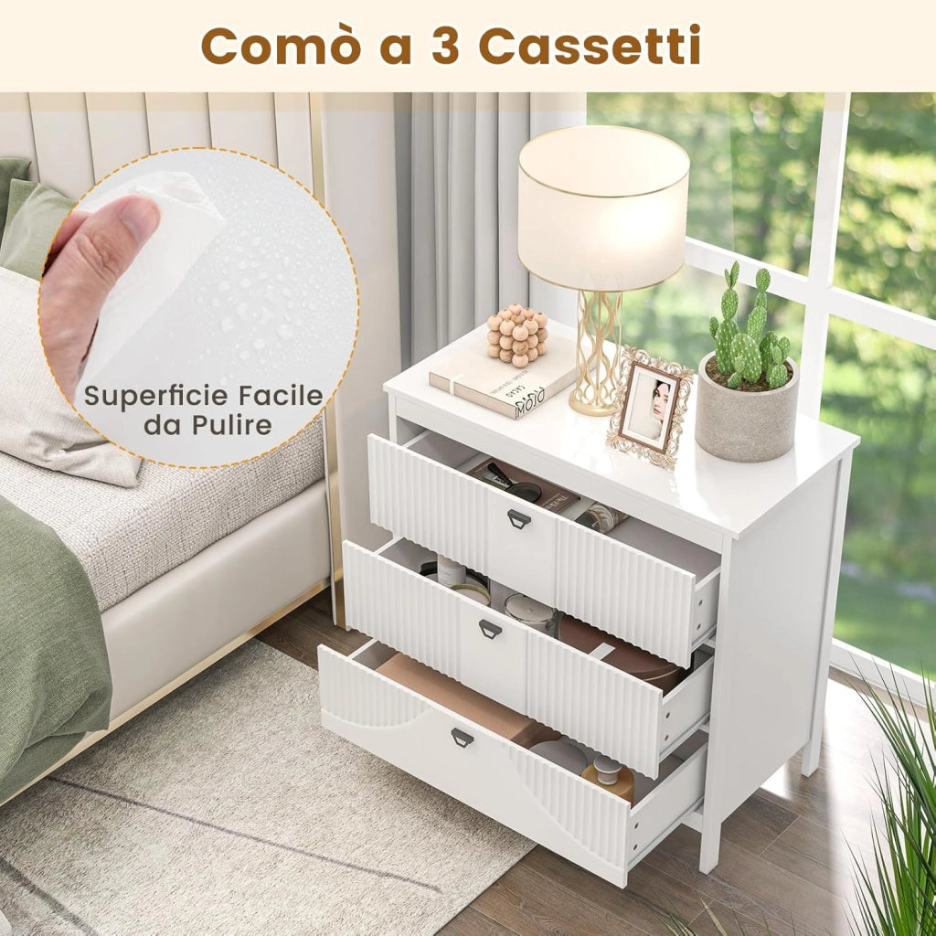 Comò a 3 Cassetti, Cassettiera in Legno con Kit Anti-Ribaltamento, Armadio di Stoccaggio con Ampio Spazio per Camera da Letto Soggiorno Ingresso, 80 x 40 x 79 cm