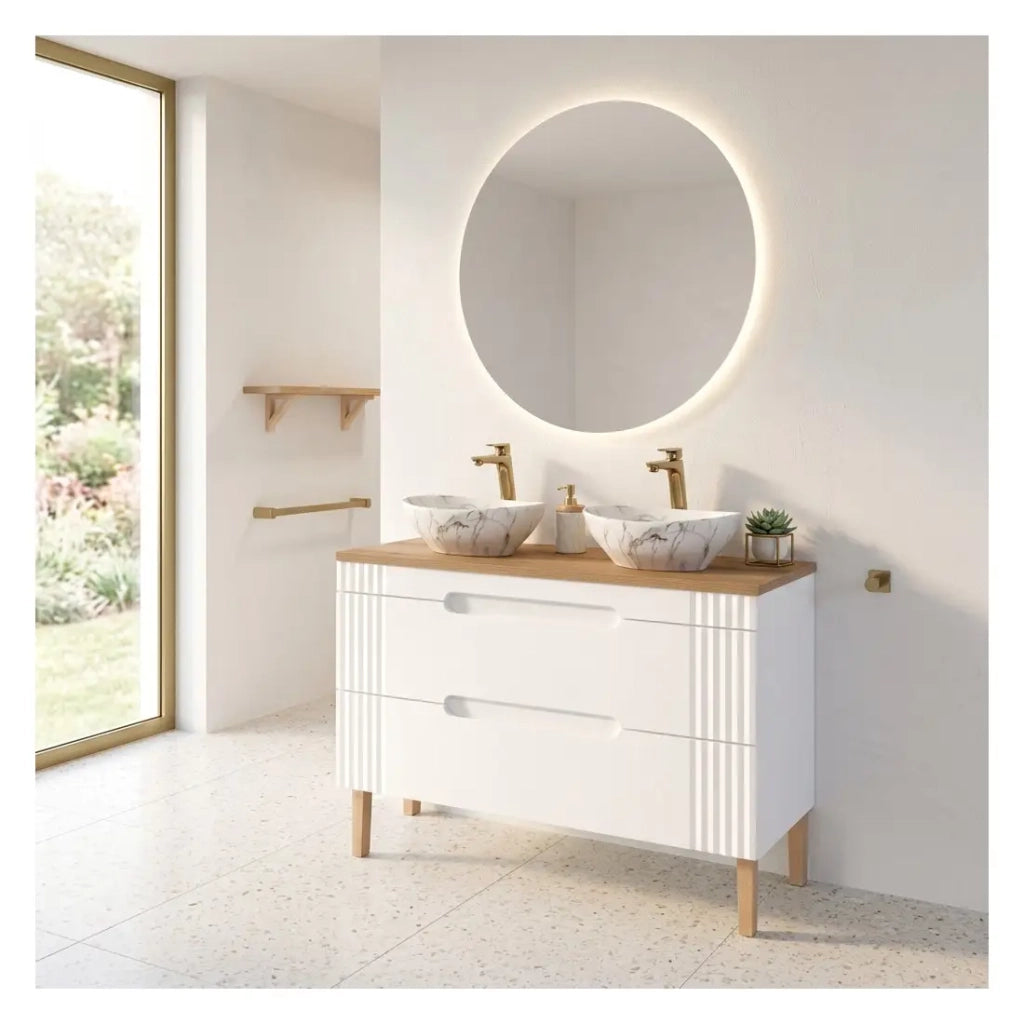 Set FIDJI: mobile sottolavabo 120cm + piano per lavabo + 2 lavabi da appoggio asimmetrici effetto marmo + piedi