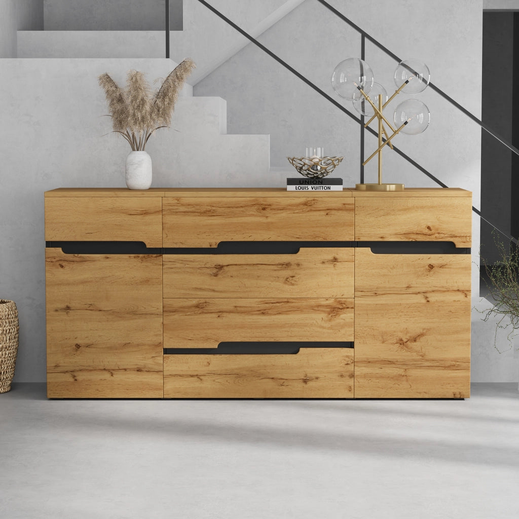 Credenza Soggiorno 160 cm Mobile Buffet 2 Ante 4 Cassetti Legno e Nero