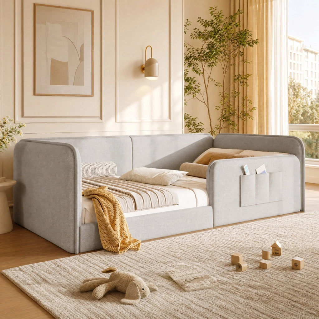 LETTO 90x200 cm in Lino Beige con tasche laterali