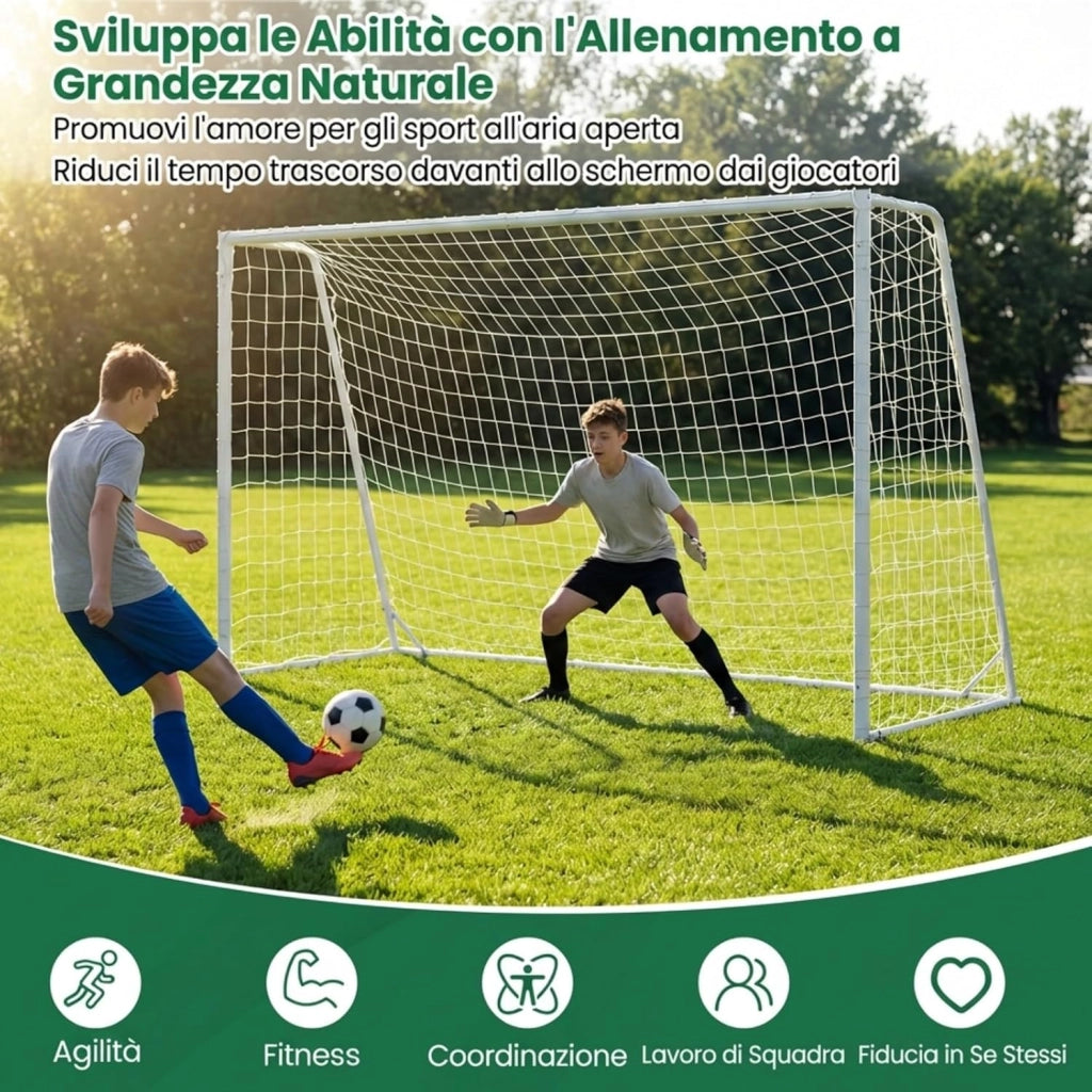 Porta da Calcio 300 x 204 cm con Telaio in Metallo, Rete in PE, 8 Picchetti e 16 Fascette, Facile Montaggio, Attrezzatura per Allenamento Calcio per Bambini, Giovani e Adulti
