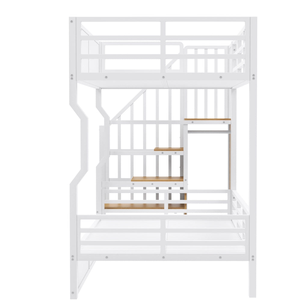 Letto a castello 90x200 cm con scala contenitore; LED e struttura in metallo; bianco