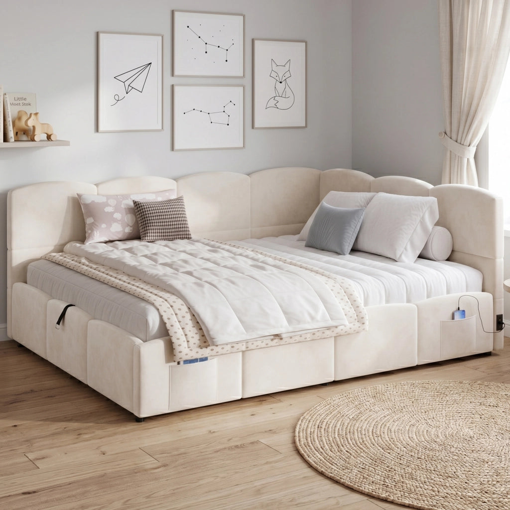 Letto imbottito con funzione divano e contenitore in velluto beige 140x190 cm