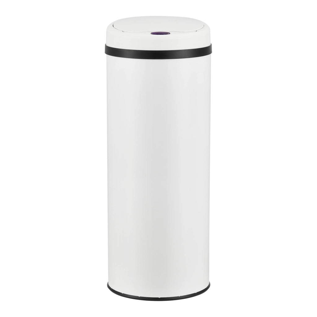 Pattumiera Automatica 47 L, Bidone Cilindrico in Acciaio Inox (AxØ) 77 x 30,5 cm Coperchio con Sensore di Movimento e Display a LED, Apertura Ampia - Bianco