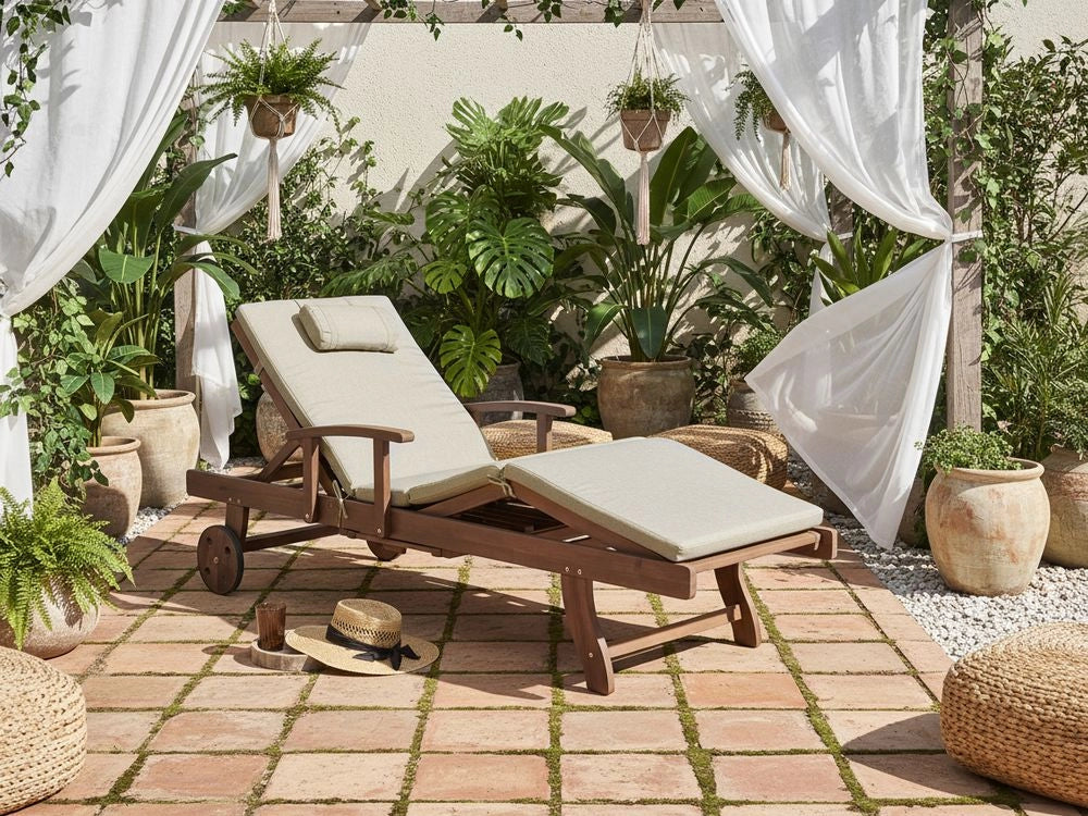 Lettino prendisole da esterno in legno di acacia scuro con cuscino tortora stile rustico giardino terrazzo