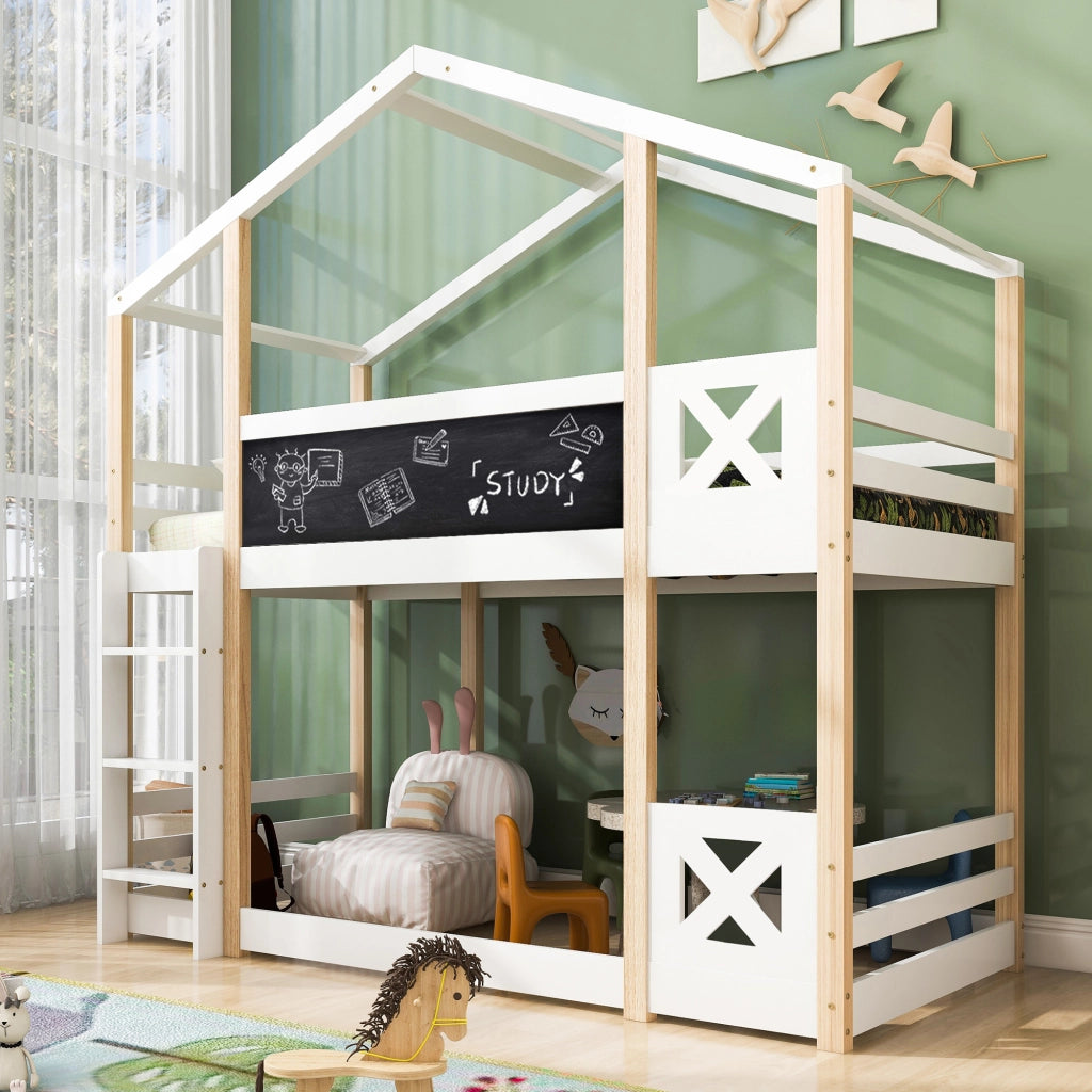 Letto a soppalco per bambini 90x200 cm con scala, 2 reti a doghe, bianco