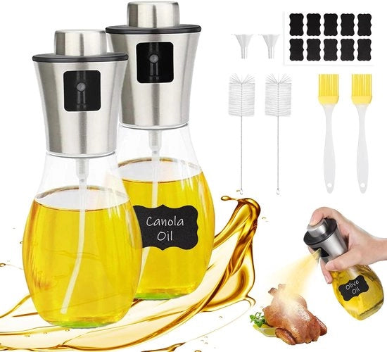 Doppio contenitore per oli da cucina, flaconi in vetro da 2x200 ml, pennello per oli da cucina, pennello per olio d'oliva, pennello per oli da cucina per frittura ad aria.