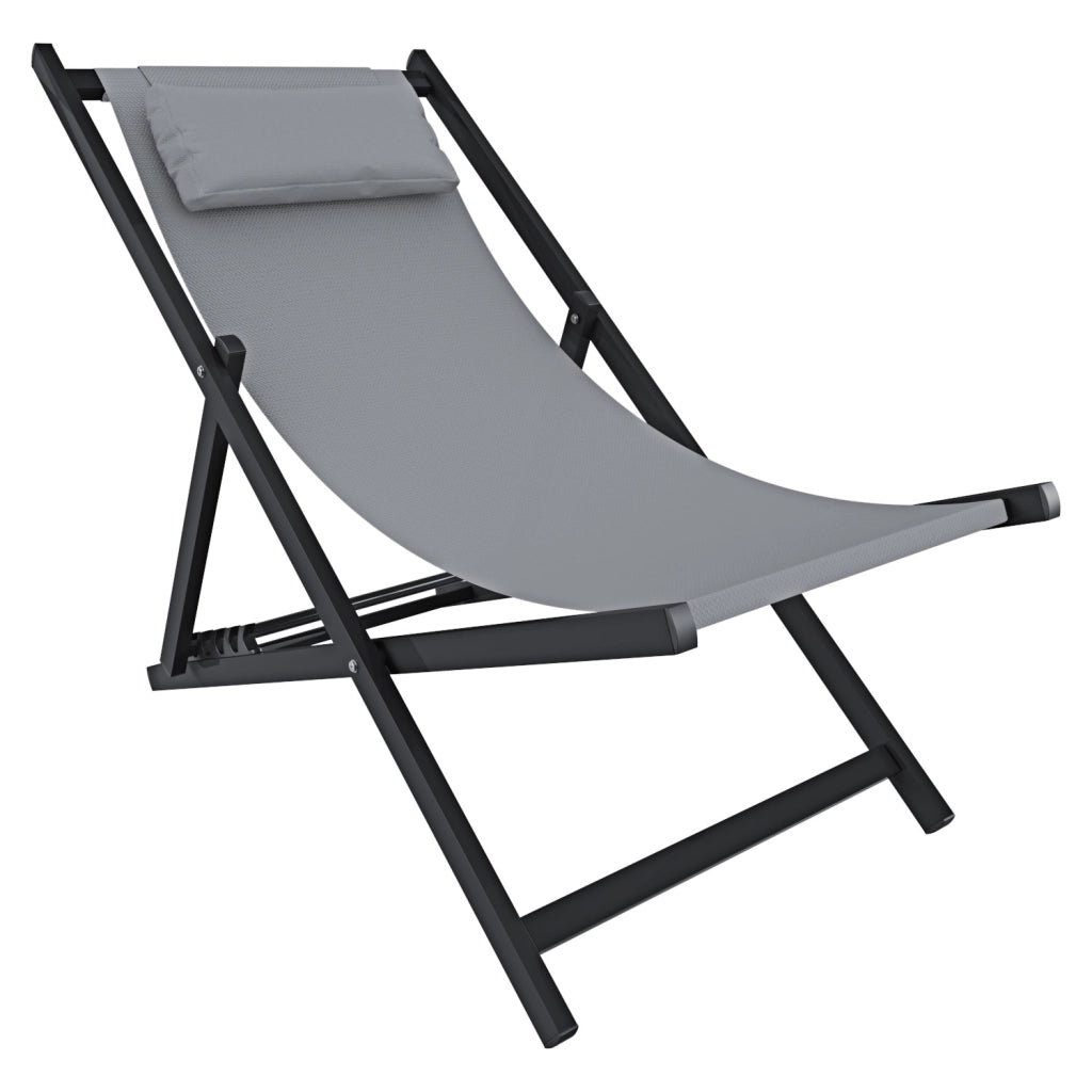 Sedia Leggera Da Giardino Con Schienale Regolabile 5 Posizioni Pieghevole Ergonomica Con Cuscino Traspirante Struttura Nera In Alluminio Da Esterno Piscina Mare Portata Massima 160 Kg Grigio