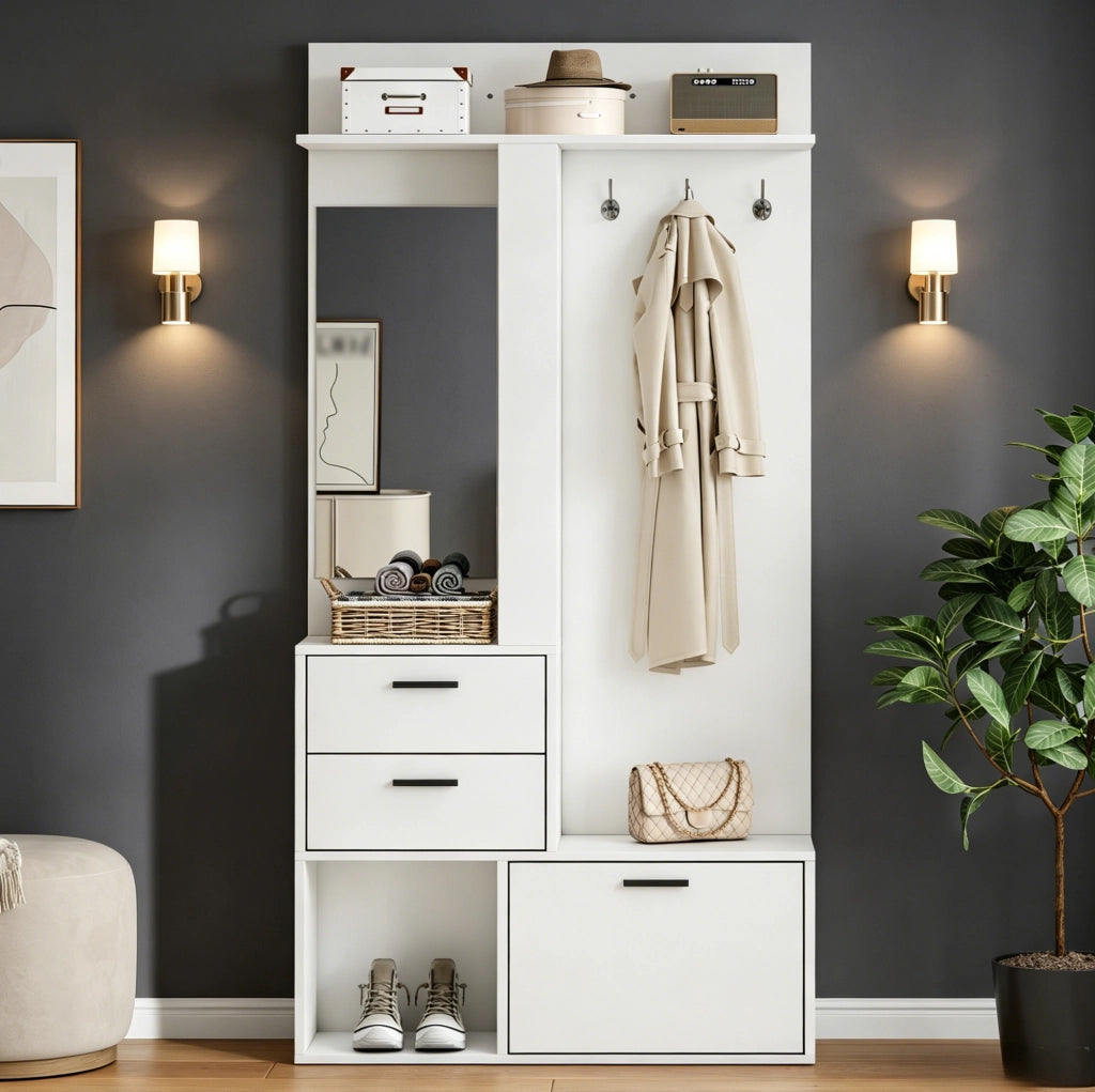 Garderoba salvaspazio con specchio; 2 cassetti e scarpiera ribaltabile 90x30x180 cm; bianco