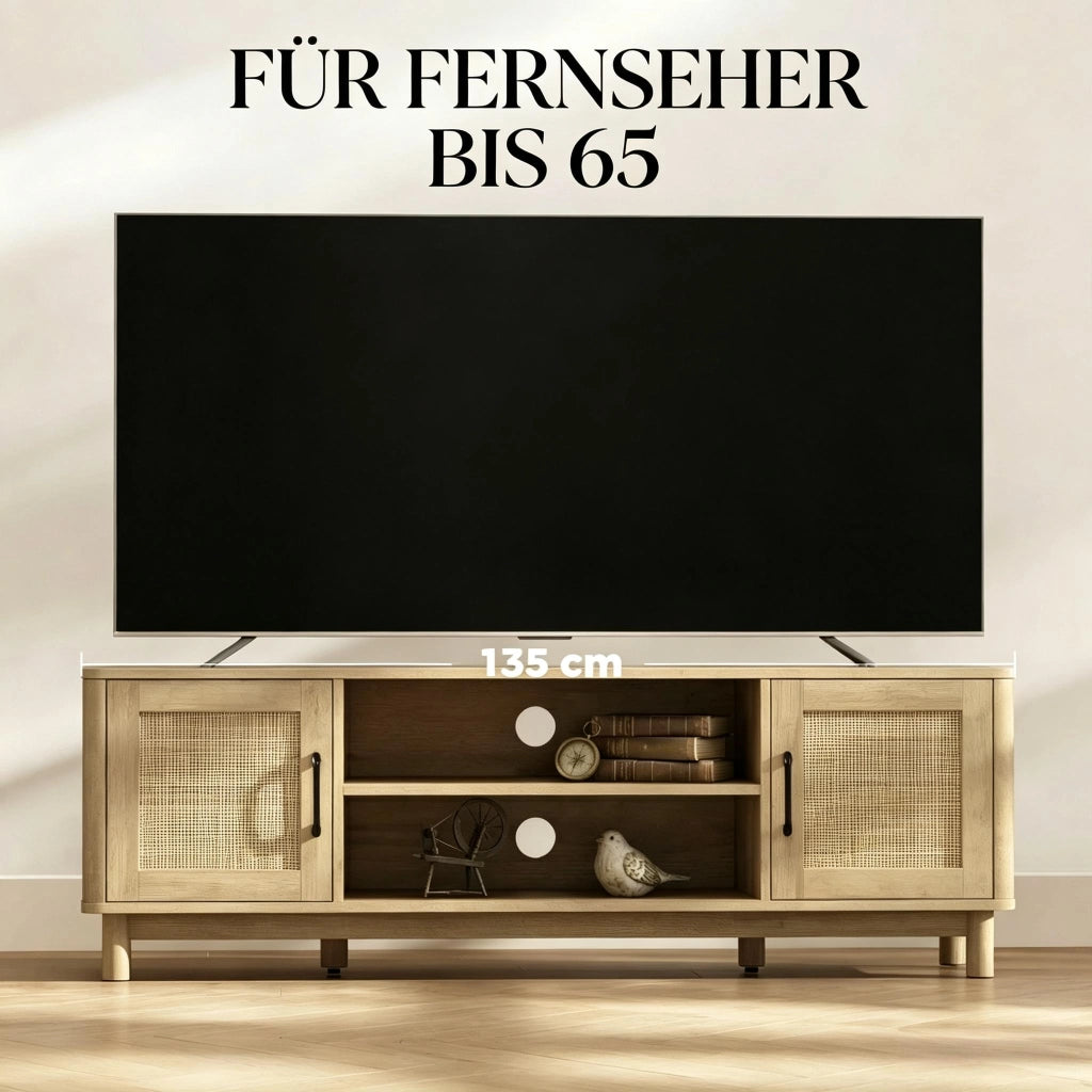 Mobile TV in rattan con vani aperti e armadi laterali; per soggiorno; 135 × 39 × 45 cm; rovere