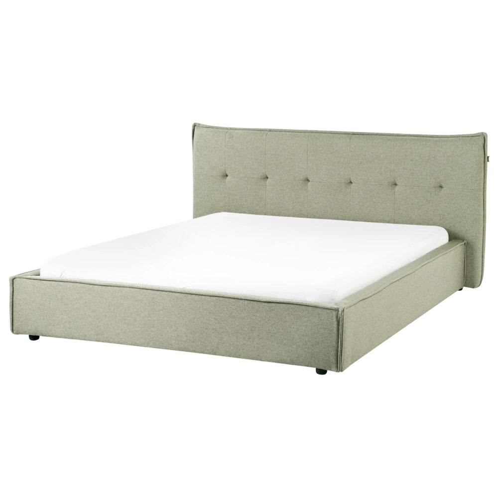 Letto ad acqua king size UE con rivestimento in tessuto di lino verde e gambe nere 160 x 200 cm con testiera e struttura a doghe per camera da letto.