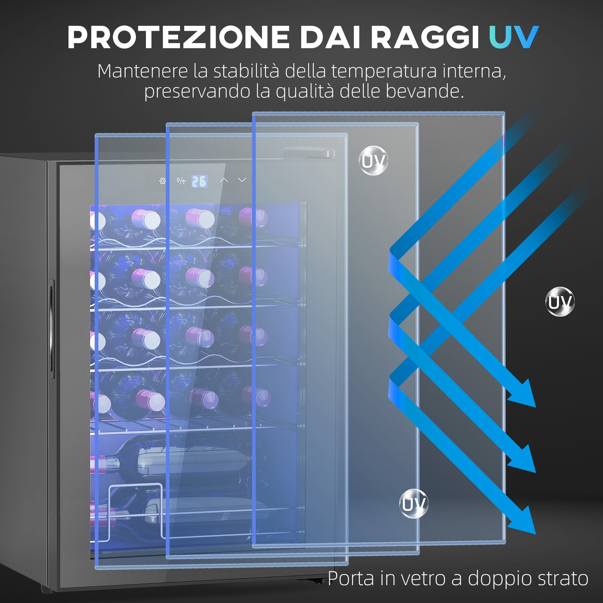 Cantinetta Vino Refrigerata per 20 Bottiglie Capacità 53L Porta in Vetro Anti-UV Nero