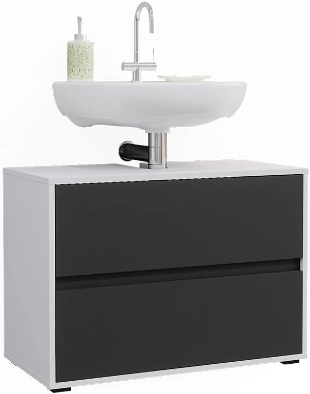 Mobile sottolavabo per bagno Maltin, Bianco/antracite, 80.2 x 58.2 cm con due ampi cassetti, con ritaglio per sifone e soluzione salvaspazio per il bagno