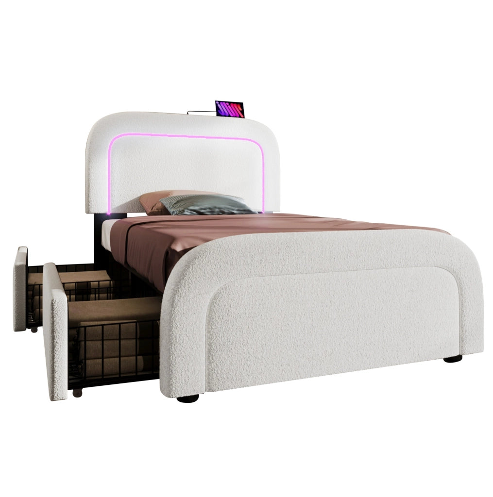 Letto singolo 90x200 cm con LED; USB C e 2 cassetti; tessuto sherpa bianco