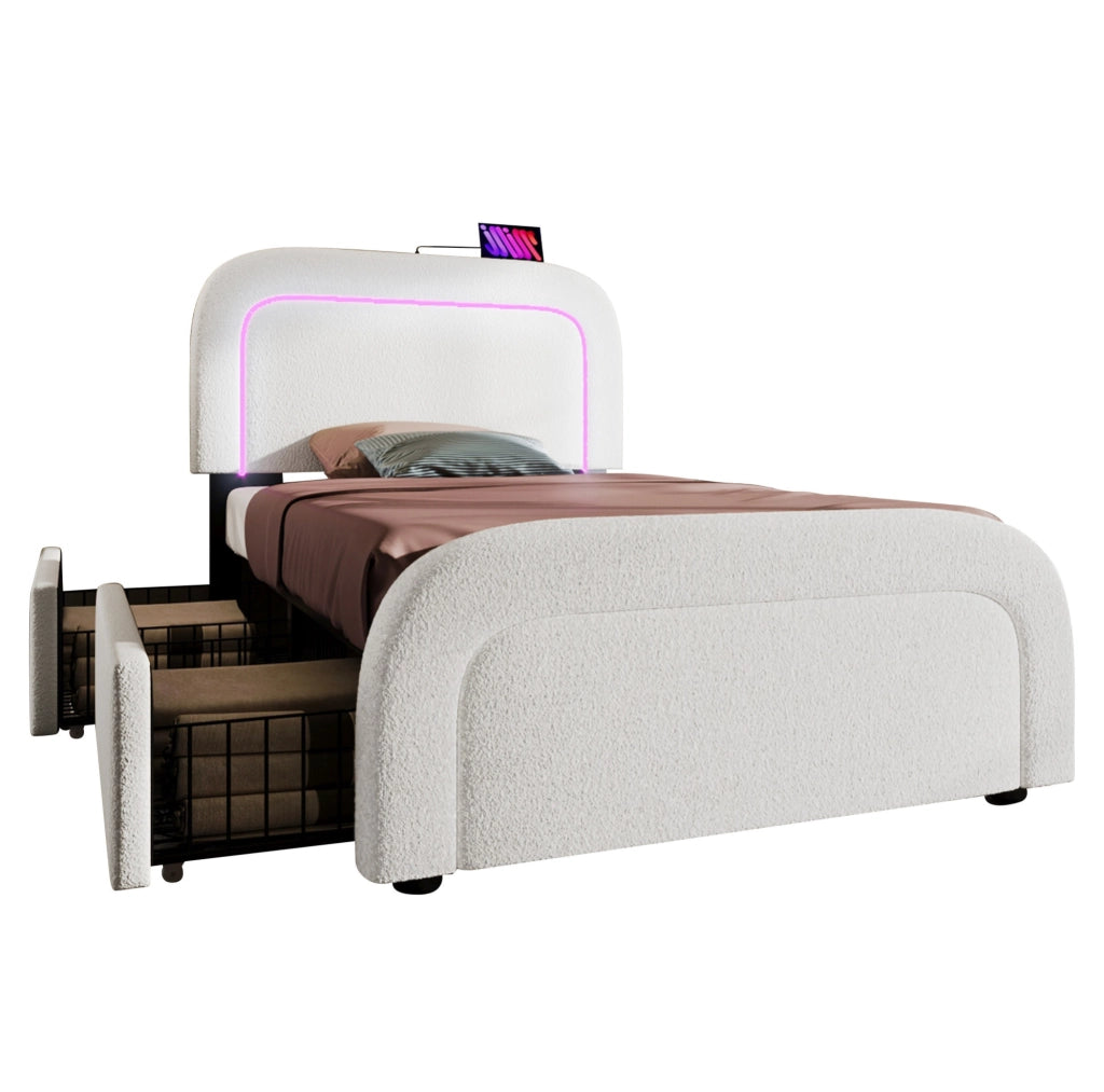 Letto singolo 90x200 cm con LED; USB C e 2 cassetti; tessuto sherpa bianco
