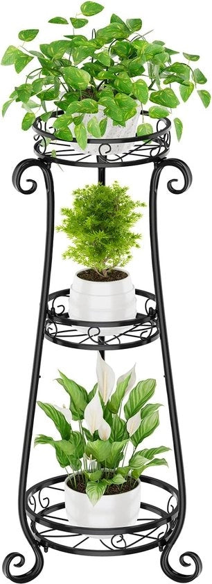 Standarizzazione per fiori, standarizzazione per piante, metallo, 87 cm alto, rete per fiori, rete per piante, trappola per piante in acciaio inossidabile, trappola per fiori per veranda, giardino, balcone, soggiorno, angolo (3 livelli, nero)