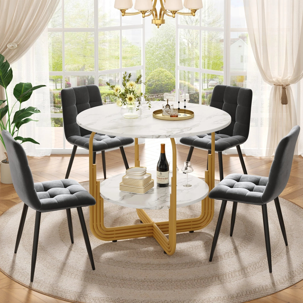 Tavolo da pranzo rotondo per 4 persone con 4 sedie, piano effetto marmo, gambe in metallo, per cucina e sala da pranzo