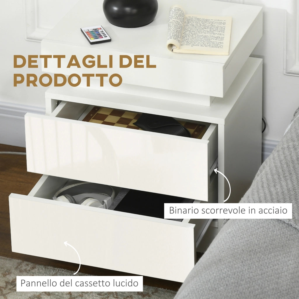 Comodino con 2 cassetti e LED RGB ¨C zephmum ¨C Legno, Bianco, 45x35x52 cm