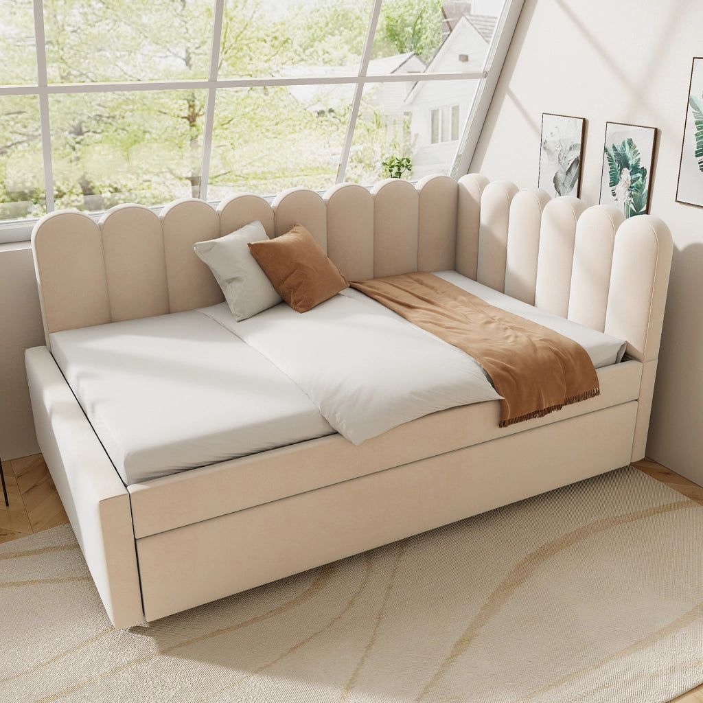 Letto a L divano letto in velluto beige 140x200 cm