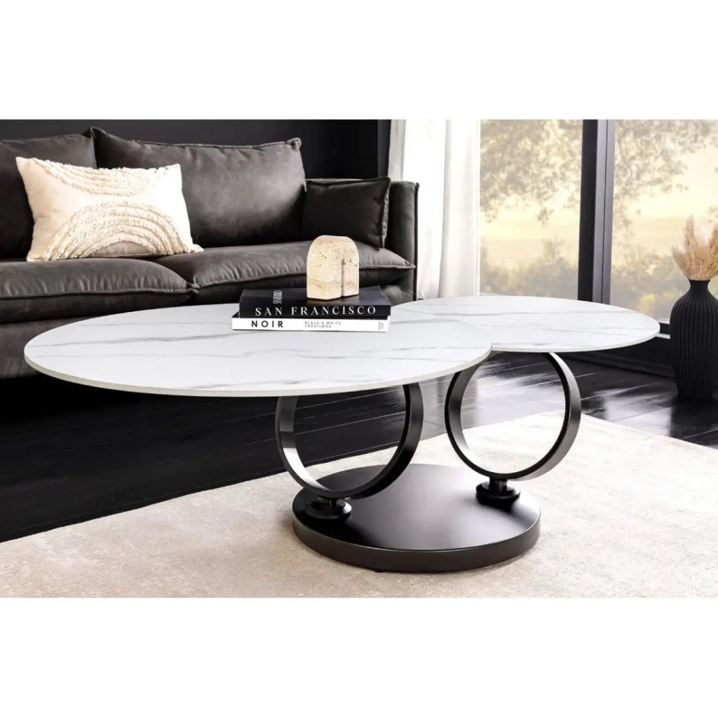 Tavolino basso SOLYNE 133 cm bianco effetto marmo con ripiani rotanti e struttura nera opaca