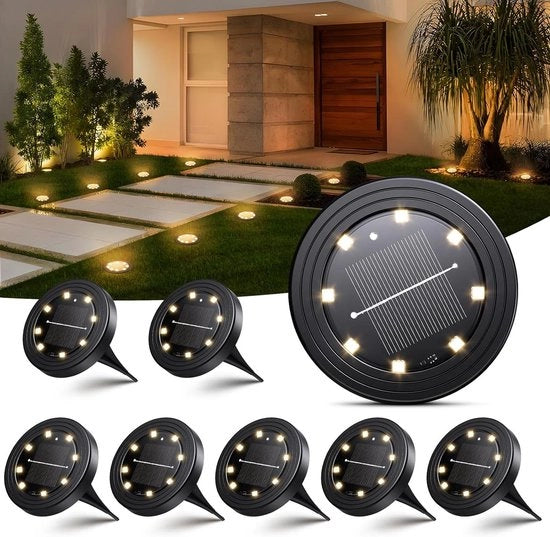 Illuminazione del fondo alimentata da energia solare IP68 resistente all'acqua con 8 led per esterno - Caldo bianco - Set da 8 pezzi