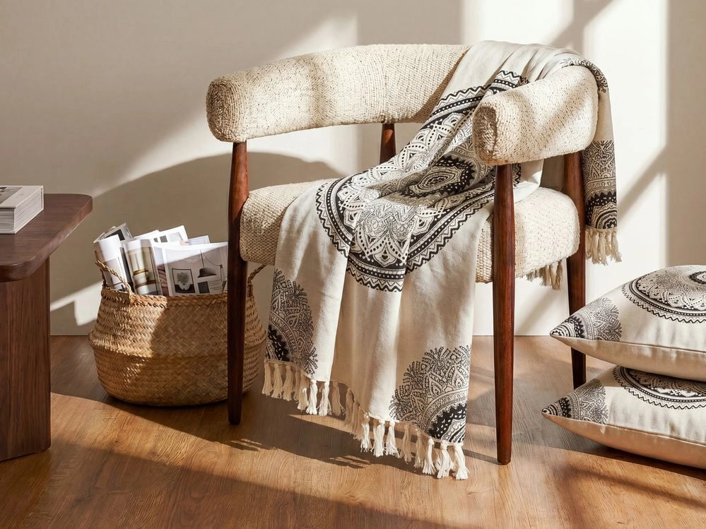 Coperta beige e nero cotone 130 x 180 cm stampa mandala motivo letto copriletto accogliente motivo floreale
