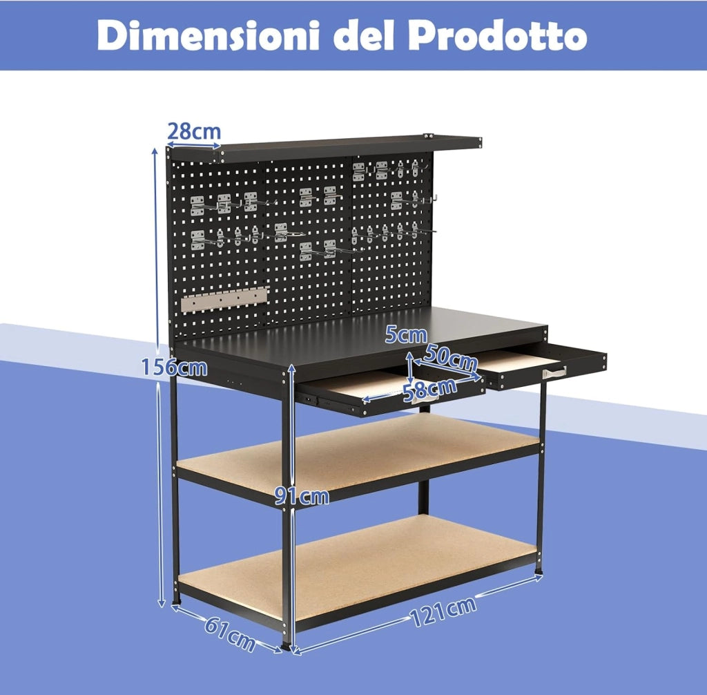 Banco da Lavoro con Piano da 120 x 60 cm, Banco da Lavoro Officina con Pannello Forato e 24 Ganci Porta Attrezzi, Tavolo da Lavoro per Garage con 2 Cassetti e 2 Mensole (Nero)