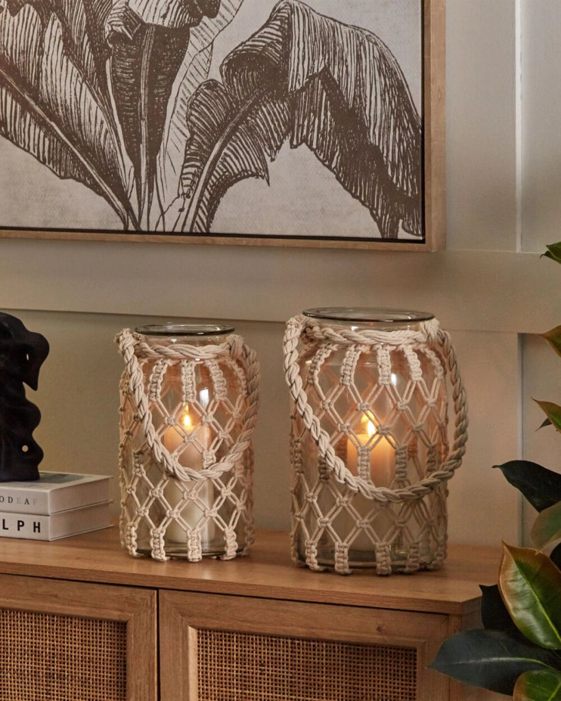 Lanterna in vetro per candela stile boho macramè barattolo di vetro decorazione per interni 31x20cm