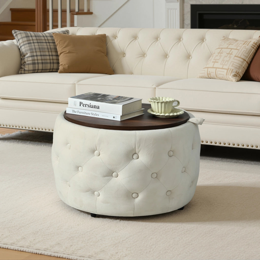 Pouf contenitore 2 pezzi salvaspazio 4 in 1 con vassoio rimovibile e vano interno in velluto beige 59,6 × 59,6 × 38 cm