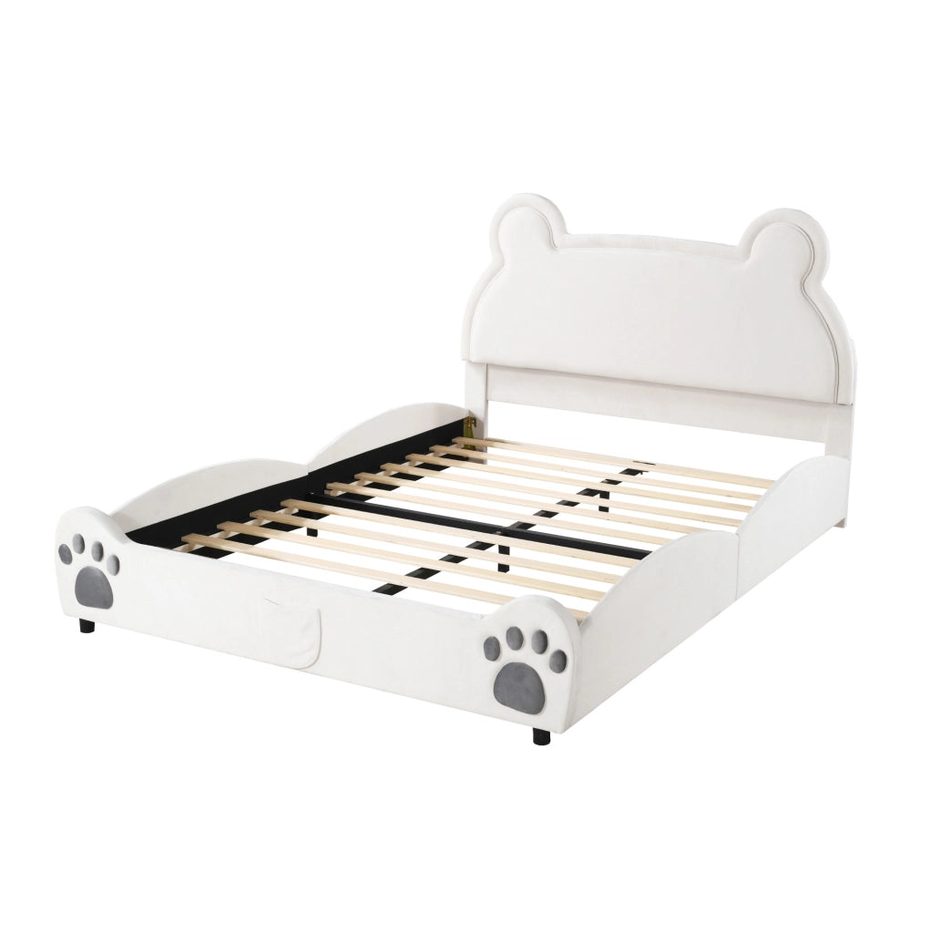 Letto per bambini imbottito 140x200 cm a forma di orso in velluto; bianco