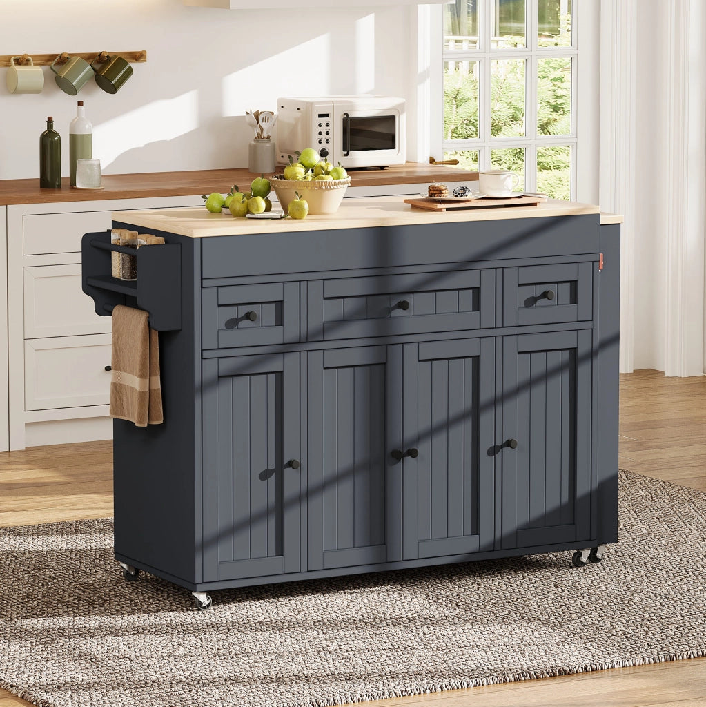 Carrello da cucina con piano estraibile, 3 cassetti, per cucina, grigio, 137-190,6 × 45,2 × 92 cm