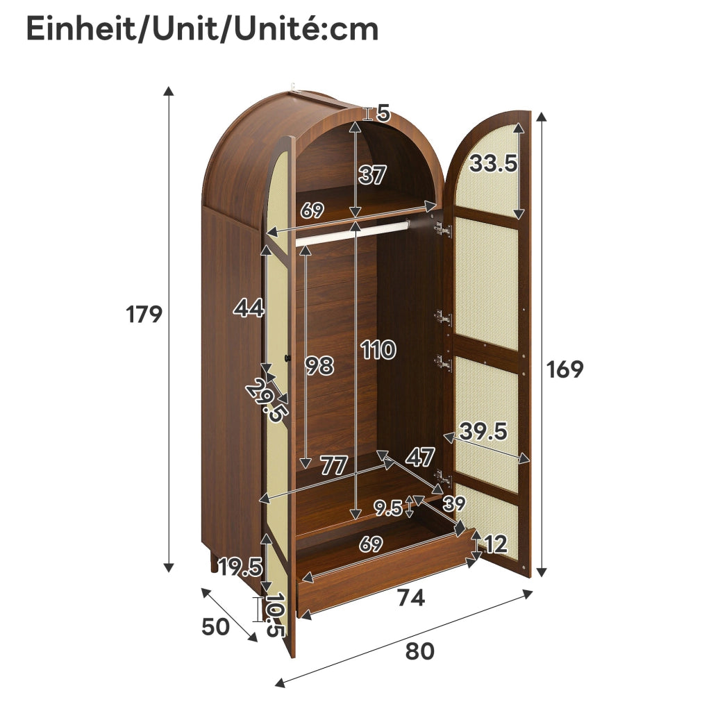 Armadio con ante curve e inserto in rattan, 1 asta appendiabiti, cassetti, per ingresso e camera, 80 × 50 × 179 cm