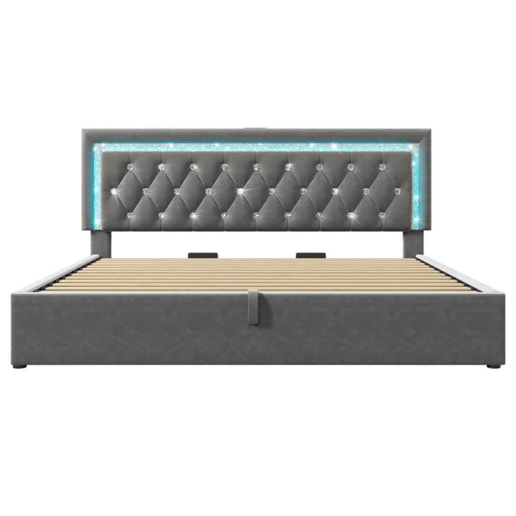 Letto Matrimoniale 180x200 Grigio in Velluto con Contenitore Idraulico; LED; USB Type-C