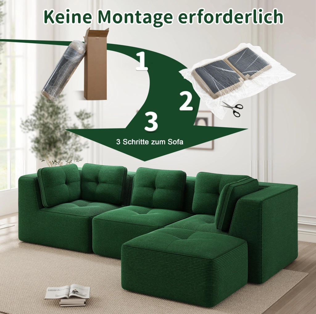 Divano angolare modulare in velluto a coste verde 297x177x69 cm; senza montaggio