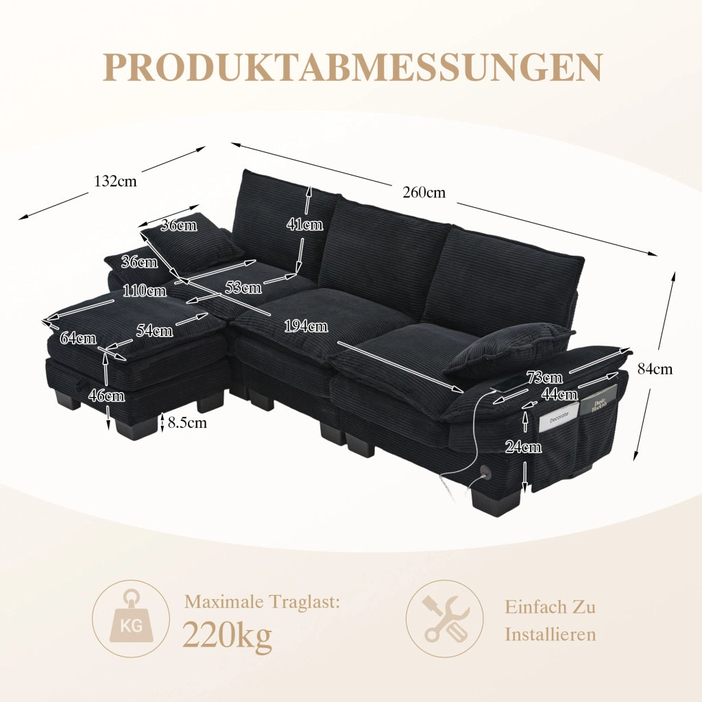 DIVANO modulare 3 posti con pouf 260x132x84 cm Corduroy nero