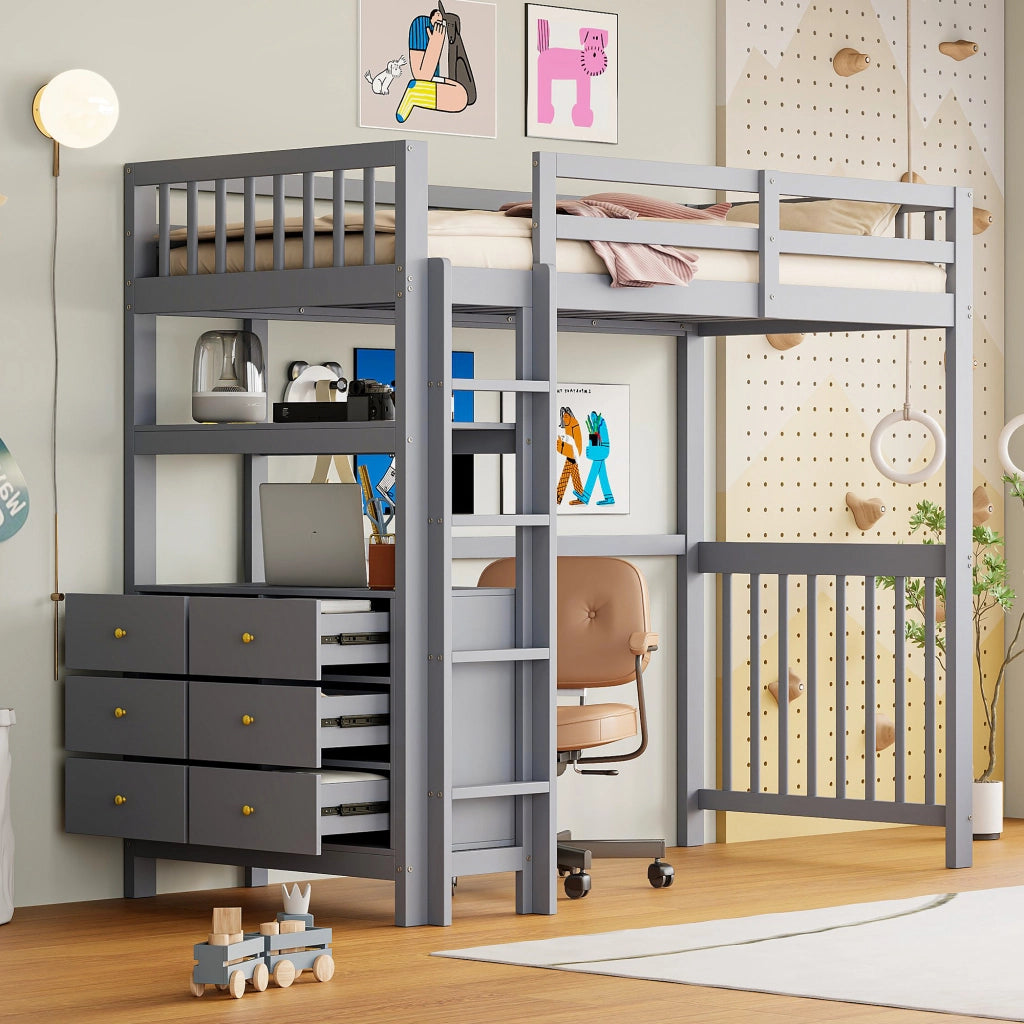 OKWISH Letto a Soppalco 90×200 cm, Letto Singolo con Scala Verticale, 6 Cassetti, Mensole e Sponda di Sicurezza, senza Materasso, Grigio