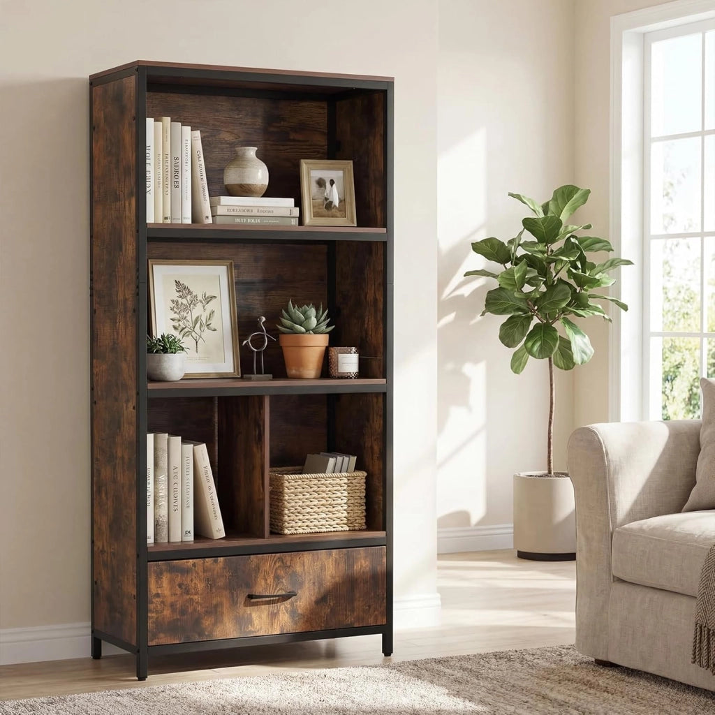 Libreria Scaffale a 3 Livelli, Mobile Alto con 4 Scomparti 1 Cassetto in Tessuto Pieghevole e 2 Dispositivi Antiribaltamento, per Studio e Ufficio, 68x30,5x151,5 cm (Marrone)